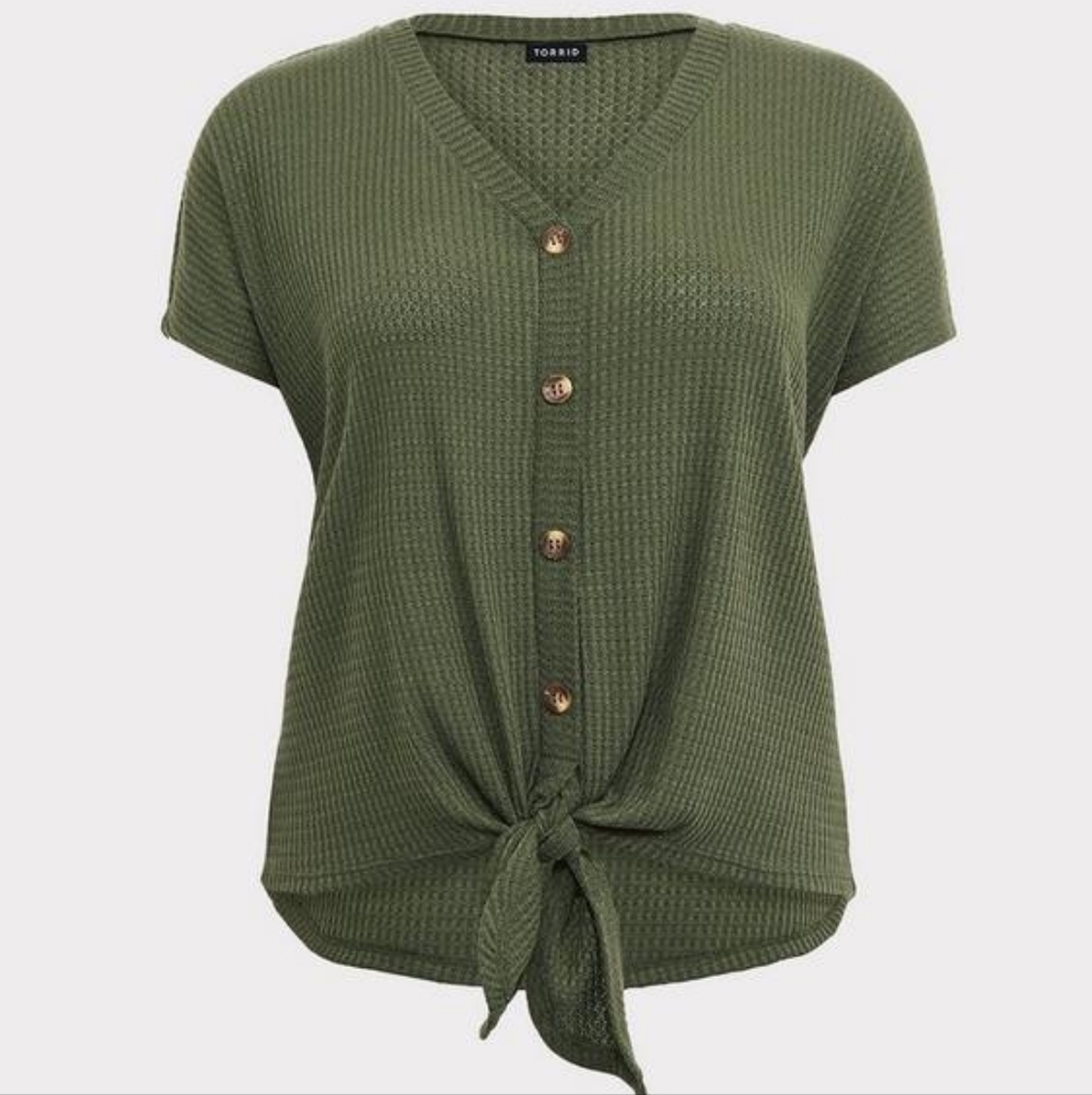 Waffle Button-Front Tie-Front Top (B4-18)